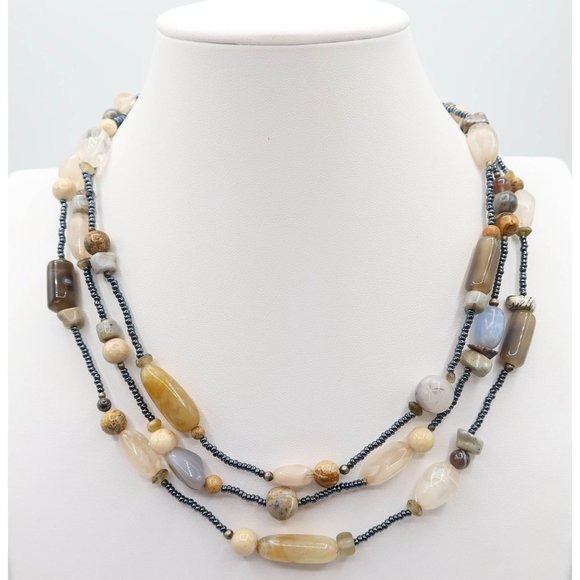 Earth Tone Acrylic & Natural Stone Seed Bead Multi Strand Toggle Necklace 18.5" - Picture 1 of 7